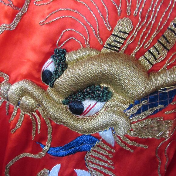 Exotic Kimono Style Robe Cherry Red Gold Blue Metallic Accents - Picture 10 of 16